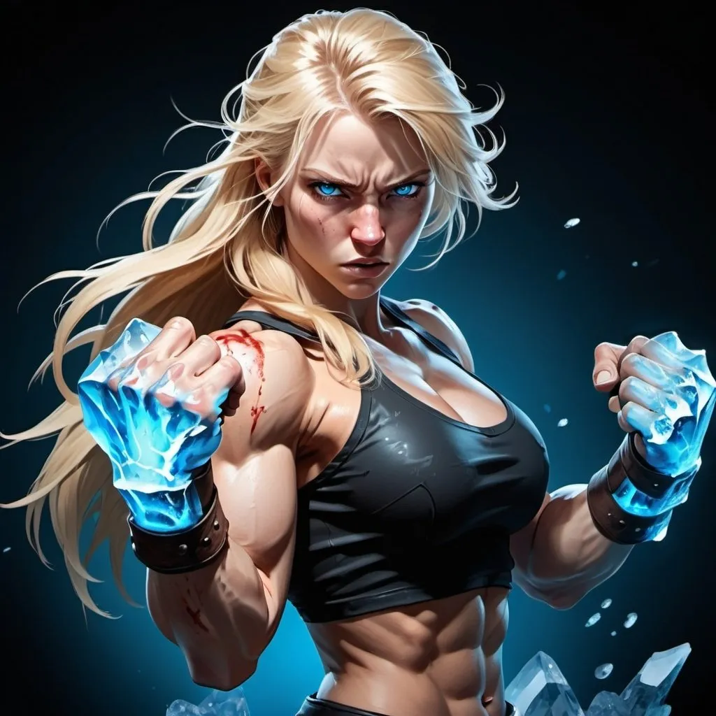 Prompt: Female figure. Greater bicep definition. Sharper, clearer blue eyes. Bleeding. Long Blonde hair flapping. Frostier, glacier effects. Fierce combat stance. Raging Fists. Icy Knuckles. 