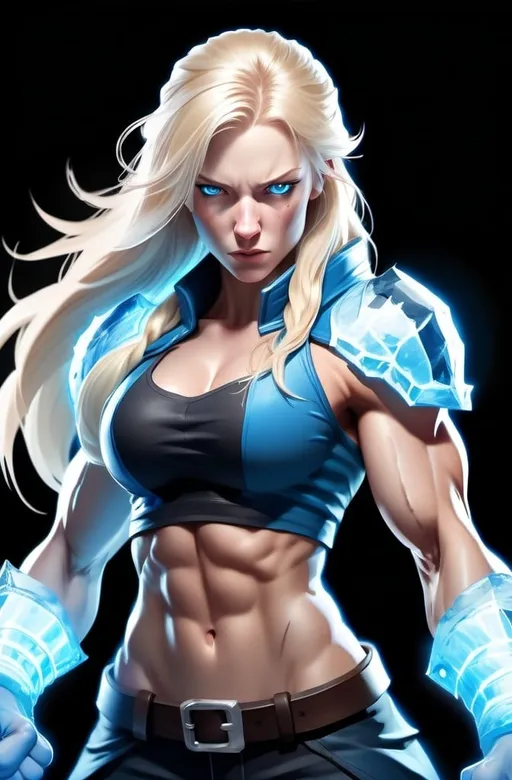 Prompt: Female figure. Greater bicep definition. Sharper, clearer blue eyes. Nosebleed. Long Blonde hair flapping. Frostier, glacier effects. Fierce combat stance. Raging Fists. Icy Knuckles.