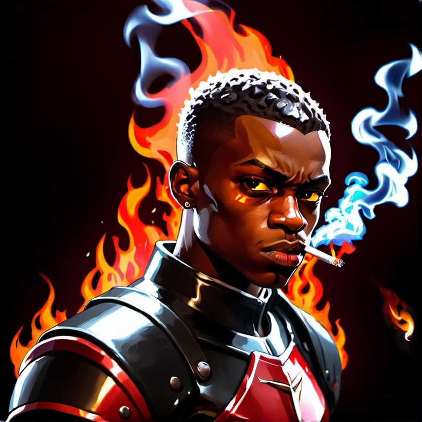 Prompt: Young black man with Cigarette in mouth. Short in height. Sinister glare. Angry. Psychotic. Short hair. Flaming hands. Scorching Fire. Red armor suit.