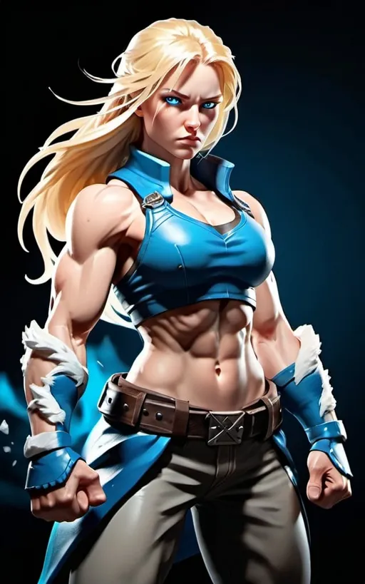 Prompt: Female figure. Greater bicep definition. Sharper, clearer blue eyes. Long Blonde hair flapping. Frostier, glacier effects. Fierce combat stance. Raging Fists. 