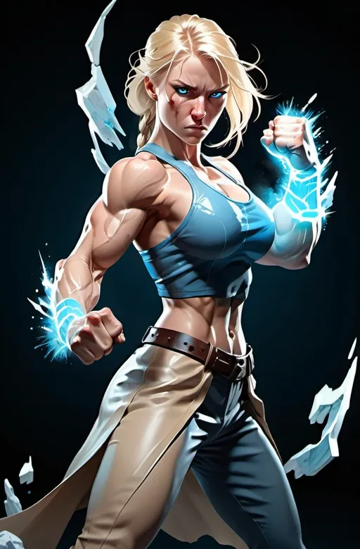 Prompt: Female figure. Greater bicep definition. Sharper, clearer blue eyes. Nosebleed. Long Blonde hair flapping. Frostier, glacier effects. Fierce combat stance. Raging Fists.