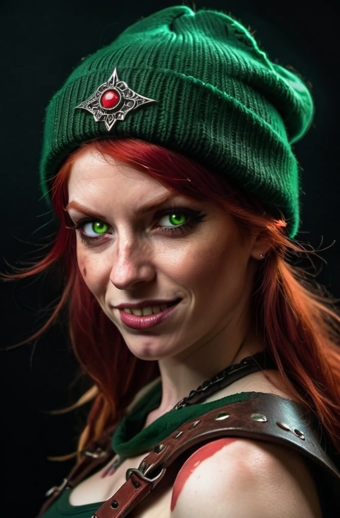 Prompt: Evil red-haired warrior woman, wearing a green beanie and a mischievous smirk. Carmine red eyes. Carries daggers. 