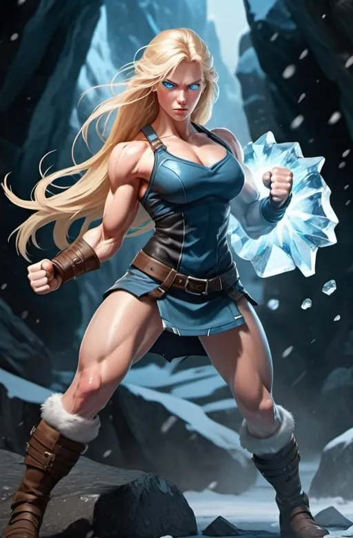 Prompt: Female figure. Greater bicep definition. Sharper, clearer blue eyes. Long Blonde hair flapping. Frostier, glacier effects. Fierce combat stance. Raging Fists. Icy Knuckles.