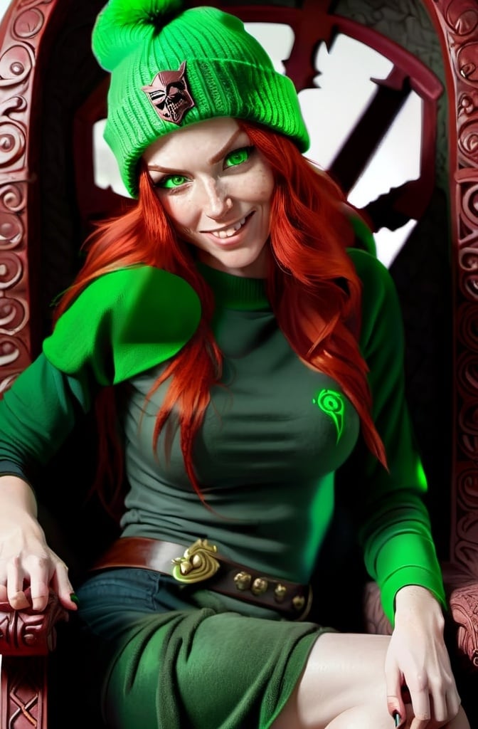 Prompt:  Evil red-haired warrior woman, wearing a green beanie and a mischievous smirk. Green eyes. She is sitting on a Throne. 