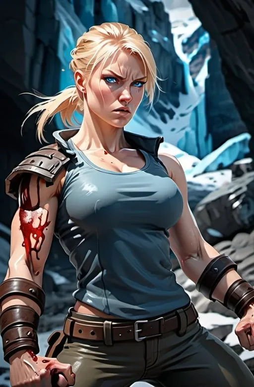 Prompt: Female figure. Greater bicep definition. Sharper, clearer blue eyes. Bleeding. Blonde hair flapping. Frostier, glacier effects. Fierce combat stance. Raging Fists. 