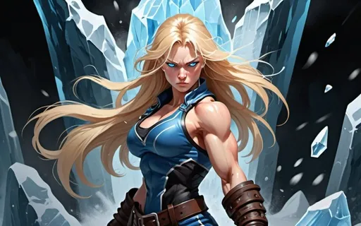 Prompt: Female figure. Greater bicep definition. Sharper, clearer blue eyes. Nosebleed. Long Blonde hair flapping. Frostier, glacier effects. Fierce combat stance. Raging Fists. Icy Knuckles. 