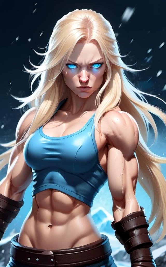 Prompt: Female figure. Greater bicep definition. Sharper, clearer blue eyes. Nosebleed. Long Blonde hair flapping. Frostier, glacier effects. Fierce combat stance. Raging Fists. Icy Knuckles.