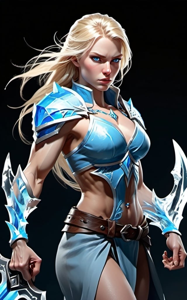 Prompt: Female figure. Greater bicep definition. Sharper, clearer blue eyes. Long Blonde hair flapping. Frostier, glacier effects. Fierce combat stance. Ice daggers.