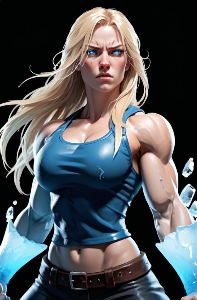 Prompt: Female figure. Greater bicep definition. Sharper, clearer blue eyes. Nosebleed. Long Blonde hair flapping. Frostier, glacier effects. Fierce combat stance. Raging Fists. Icy Knuckles.