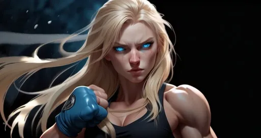 Prompt: Female figure. Greater bicep definition. Sharper, clearer blue eyes. Nosebleed. Long Blonde hair flapping. Frostier, glacier effects. Fierce combat stance. Raging Fists. Icy Knuckles.