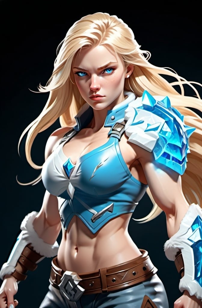 Prompt: Female figure. Greater bicep definition. Sharper, clearer blue eyes. Long Blonde hair flapping. Frostier, glacier effects. Fierce combat stance. Icy Knuckles.