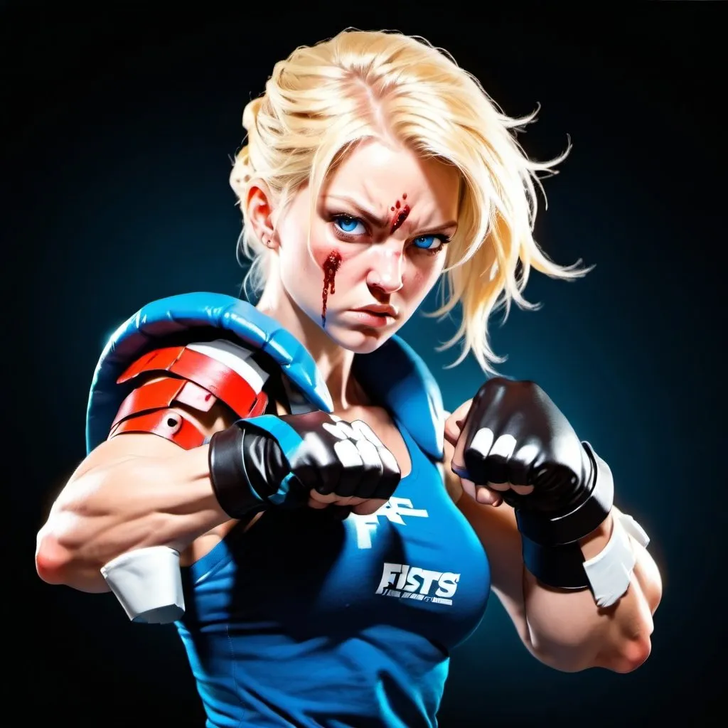 Prompt:  Female figure. Greater bicep definition. Sharper, clearer blue eyes. Blonde hair  flapping. Nose bleed. Frostier, glacier effects. Fierce combat stance. Raging Fists. 