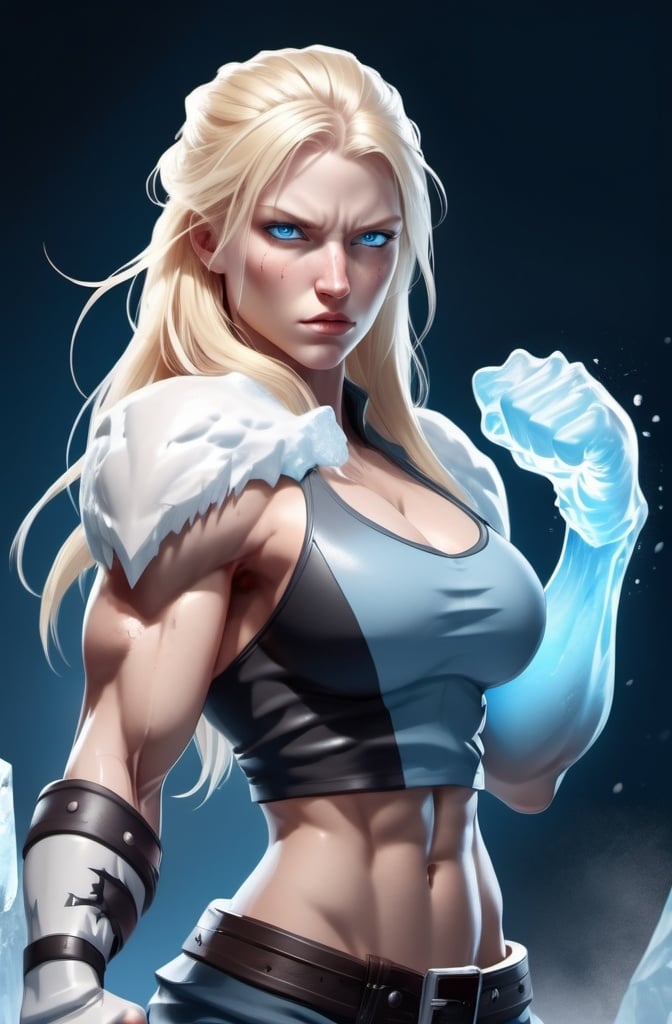 Prompt: Female figure. Greater bicep definition. Sharper, clearer blue eyes. Nosebleed. Long Blonde hair flapping. Frostier, glacier effects. Fierce combat stance. Raging Fists. Icy Knuckles.