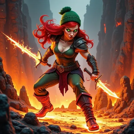 Prompt: @wbV7YKlXTFt2cBPb46HT A fierce female warrior in a dynamic combat stance, her fists enveloped in glowing lava, radiating heat and energy. She stands firmly, legs slightly apart, ready to strike, with a determined expression etched on her face. The environment around her is a volcanic landscape, with molten rock and ash swirling in the air, casting an orange hue across the scene. Jagged rocks jut out from the ground, and the ground beneath her feet is cracked and glowing from the heat. The lighting is dramatic, with flickering flames illuminating her figure, emphasizing the intensity of the moment as she prepares for battle.