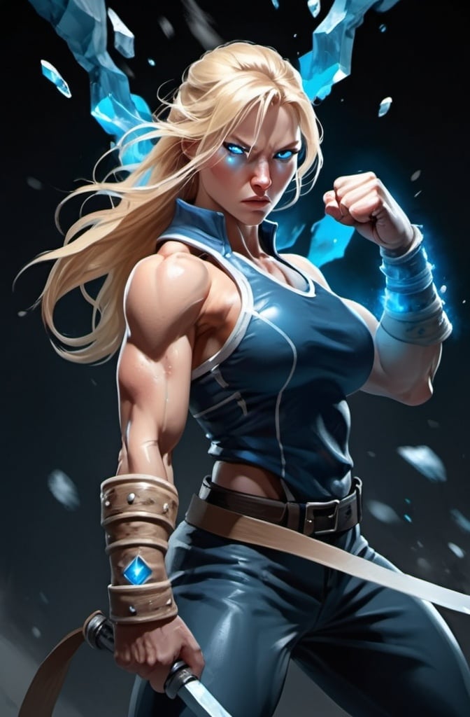 Prompt: Female figure. Greater bicep definition. Sharper, clearer blue eyes. Nosebleed. Long Blonde hair flapping. Frostier, glacier effects. Fierce combat stance. Raging Fists. Icy Knuckles.