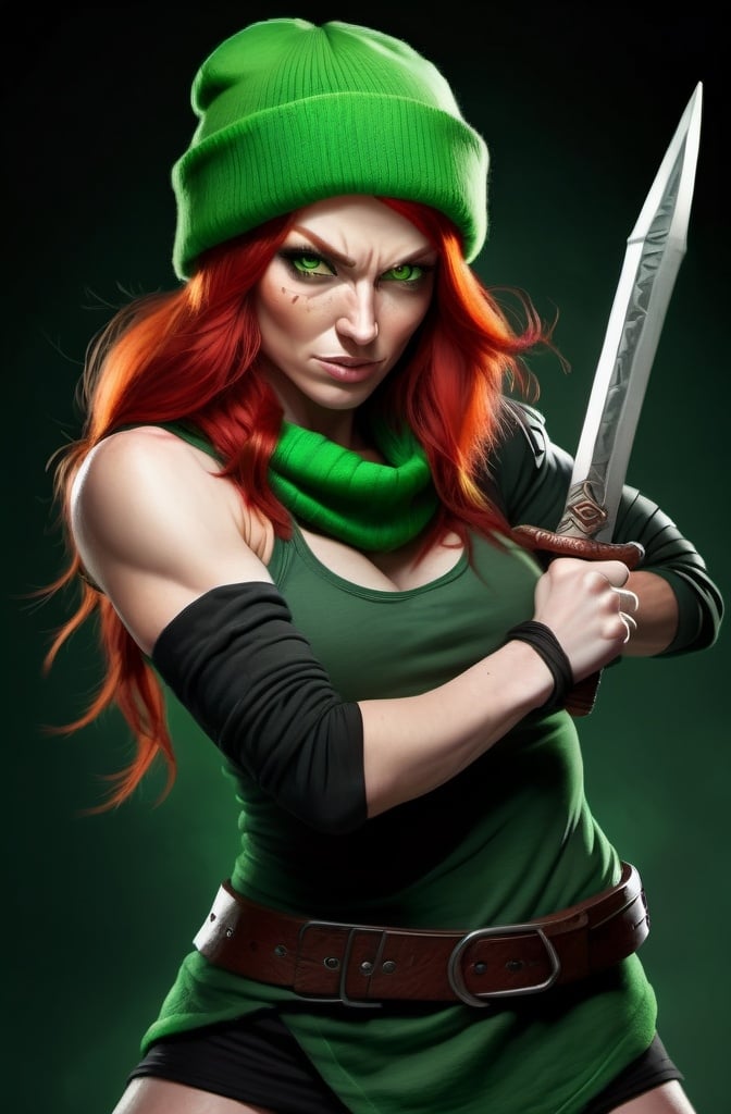 Prompt:  Evil red-haired warrior woman, wearing a green beanie and a mischievous smirk. Green eyes. Fierce combat stance. 