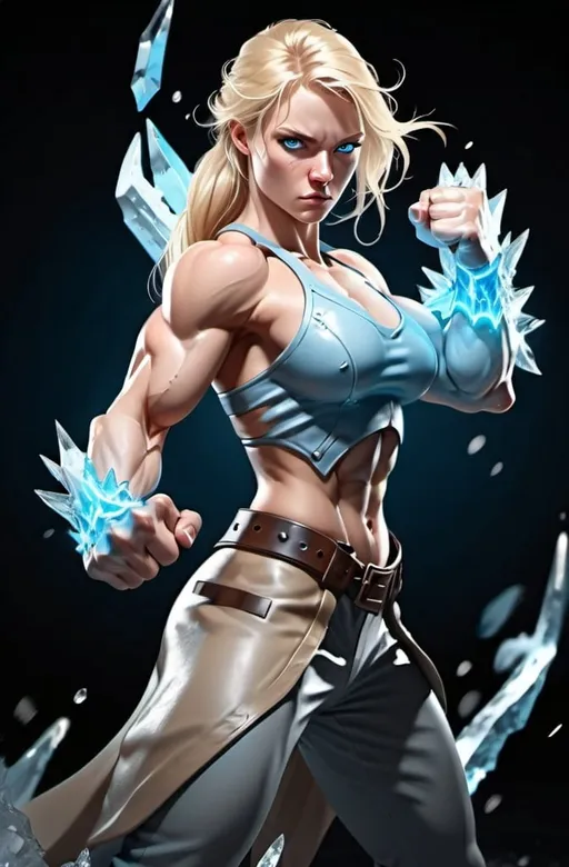 Prompt: Female figure. Greater bicep definition. Sharper, clearer blue eyes. Nosebleed. Long Blonde hair flapping. Frostier, glacier effects. Fierce combat stance. icy Knuckles.