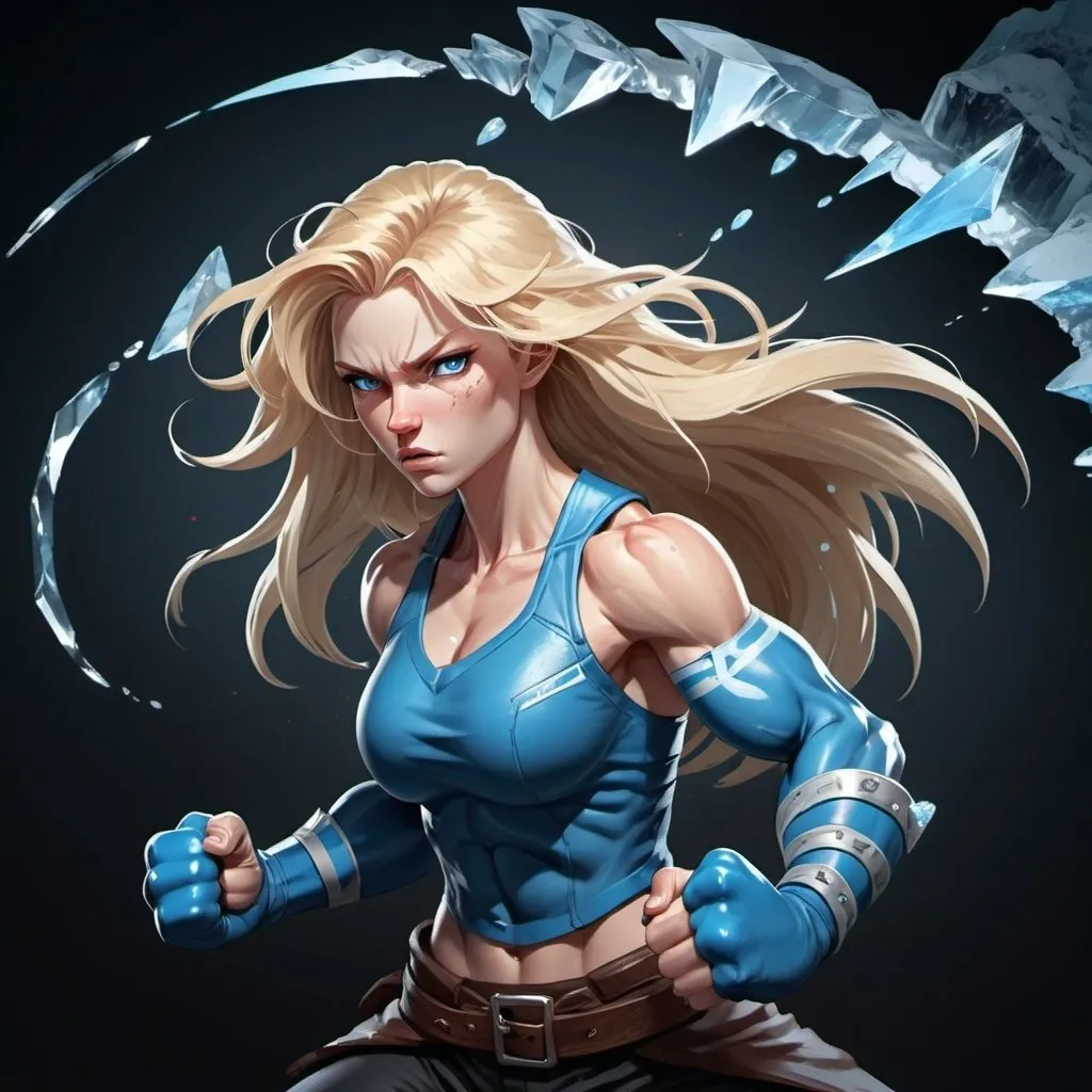 Prompt: Female figure. Greater bicep definition. Sharper, clearer blue eyes. Nosebleed. Long Blonde hair flapping. Frostier, glacier effects. Fierce combat stance. Raging Fists. Icy Knuckles. 