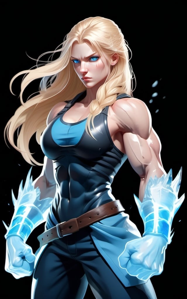 Prompt: Female figure. Greater bicep definition. Sharper, clearer blue eyes. Nosebleed. Long Blonde hair flapping. Frostier, glacier effects. Fierce combat stance. Raging Fists. Icy Knuckles.