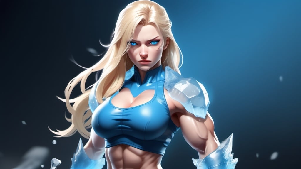 Prompt: Female figure. Greater bicep definition. Sharper, clearer blue eyes. Nosebleed. Long Blonde hair flapping. Frostier, glacier effects. Fierce combat stance. Raging Fists. Icy Knuckles.