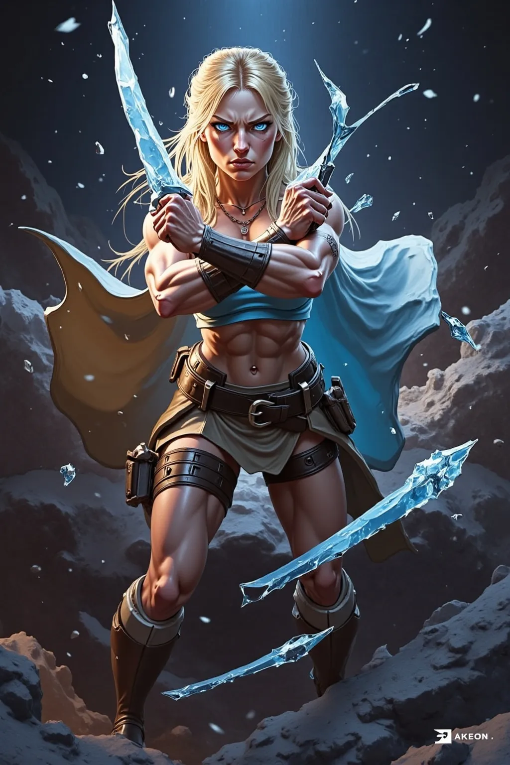 Prompt: @lbK8EQWu1r8WEqH2g1L6 A muscular female warrior in a fierce combat stance, wielding dual ice daggers, stands ready for battle. Her intense gaze is fixed ahead, showcasing determination and focus. The daggers glisten with frost, reflecting shards of light that illuminate her surroundings. She is positioned in a snowy landscape, with swirling snowflakes dancing around her, creating a dynamic atmosphere. The ground beneath her feet is slightly disturbed, hinting at recent movement. The scene is bathed in a cool, blue light, enhancing the icy theme and adding a sense of urgency. The camera captures her from a low angle, emphasizing her strength and readiness for action, as she prepares to strike.