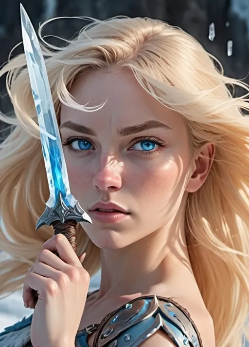 Prompt: Female figure. Greater bicep definition. Sharper, clearer blue eyes. Nosebleed. Long Blonde hair flapping. Frostier, glacier effects. Fierce combat stance. Ice Daggers. 