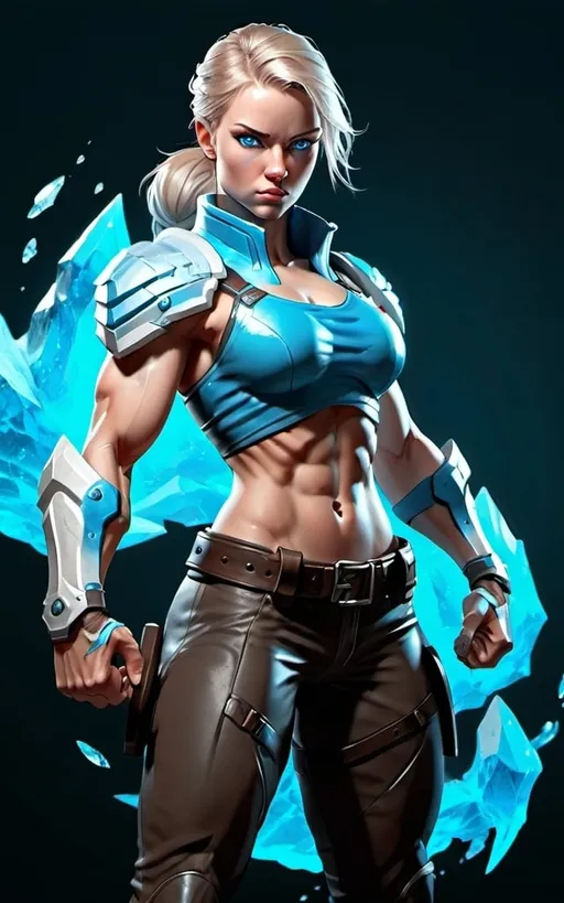 Prompt: Female figure. Greater bicep definition. Sharper, clearer blue eyes.  Frostier, glacier effects. Fierce combat stance. 