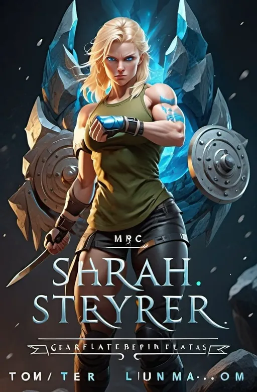 Prompt: Female figure. Greater bicep definition. Sharper, clearer blue eyes. Blonde hair flapping. Frostier, glacier effects. Fierce combat stance.
