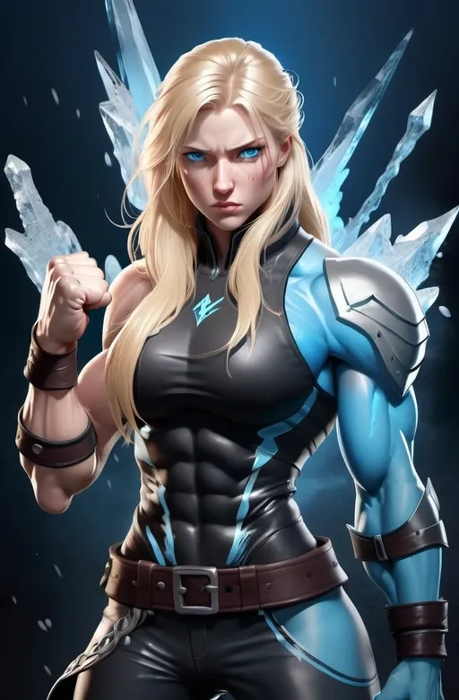 Prompt: Female figure. Greater bicep definition. Sharper, clearer blue eyes. Nosebleed. Long Blonde hair flapping. Frostier, glacier effects. Fierce combat stance. Raging Fists. Icy Knuckles.