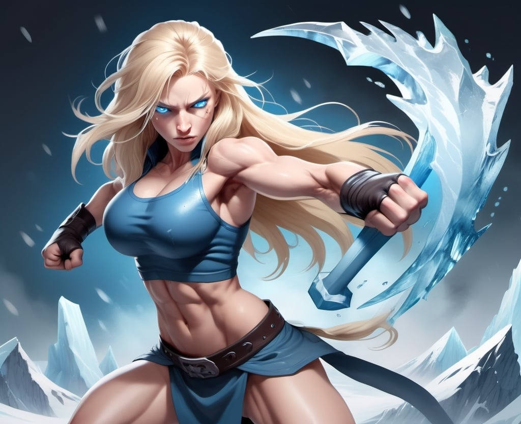 Prompt: Female figure. Greater bicep definition. Sharper, clearer blue eyes. Nosebleed. Long Blonde hair flapping. Frostier, glacier effects. Fierce combat stance. Raging Fists. Icy Knuckles.