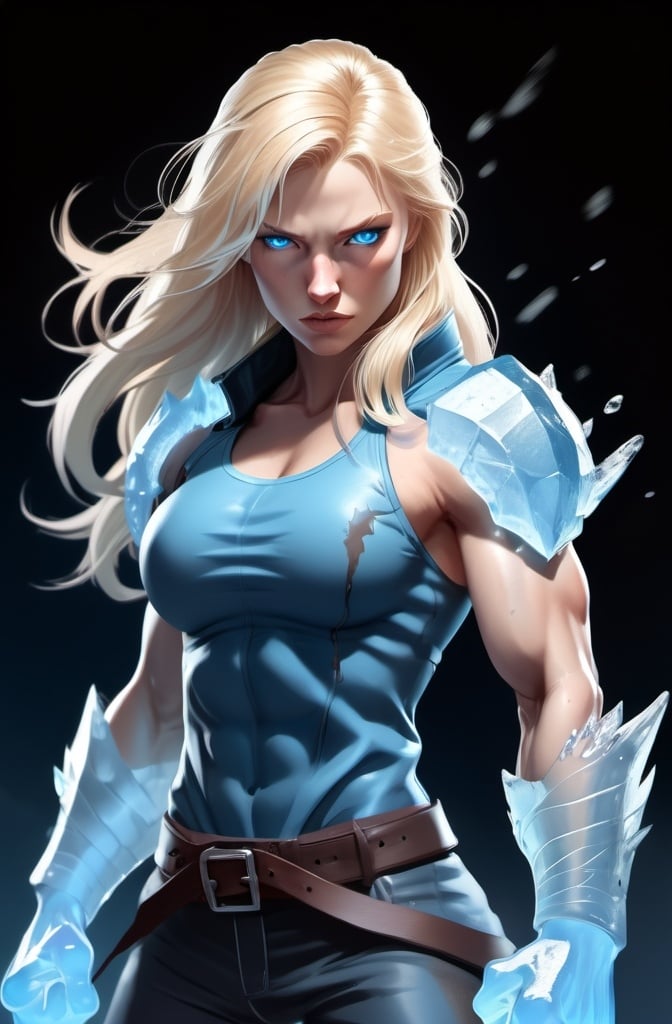 Prompt: Female figure. Greater bicep definition. Sharper, clearer blue eyes. Nosebleed. Long Blonde hair flapping. Frostier, glacier effects. Fierce combat stance. Raging Fists. Icy Knuckles.