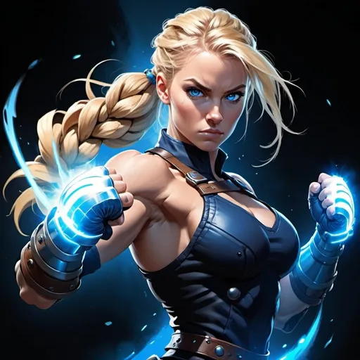 Prompt: Female figure. Greater bicep definition. Dark Blue eyes. Blonde braided ponytail. Fierce combat stance. Raging Gravity-powered Gauntlets. 