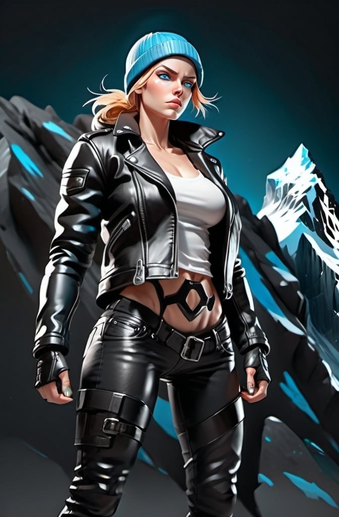 Prompt: Female figure. Greater bicep definition. Sharper, clearer blue eyes.  Frostier, glacier effects. Fierce combat stance. Wearing a black beanie and leather jacket. 