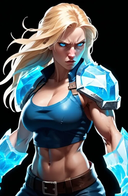 Prompt: Female figure. Greater bicep definition. Sharper, clearer blue eyes. Nosebleed. Long Blonde hair flapping. Frostier, glacier effects. Fierce combat stance. Raging Fists. Icy Knuckles. 