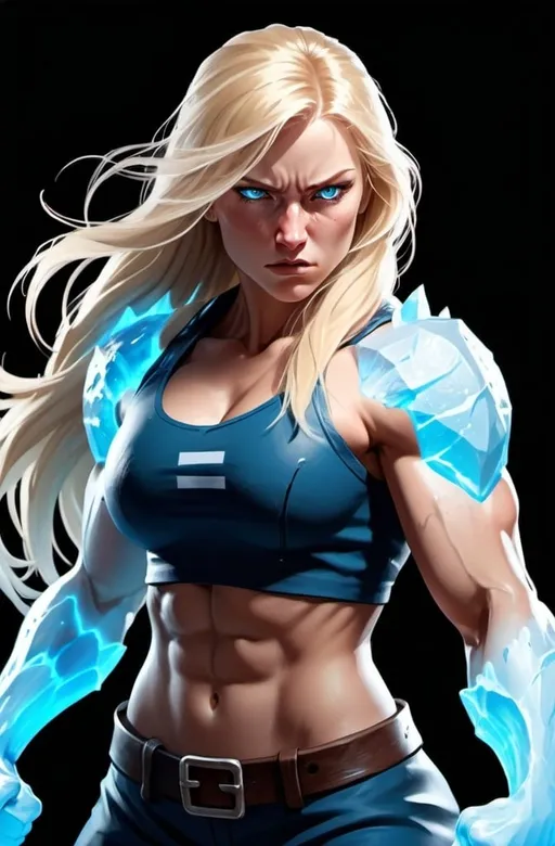 Prompt: Female figure. Greater bicep definition. Sharper, clearer blue eyes. Nosebleed. Long Blonde hair flapping. Frostier, glacier effects. Fierce combat stance. Raging Fists. Icy Knuckles.