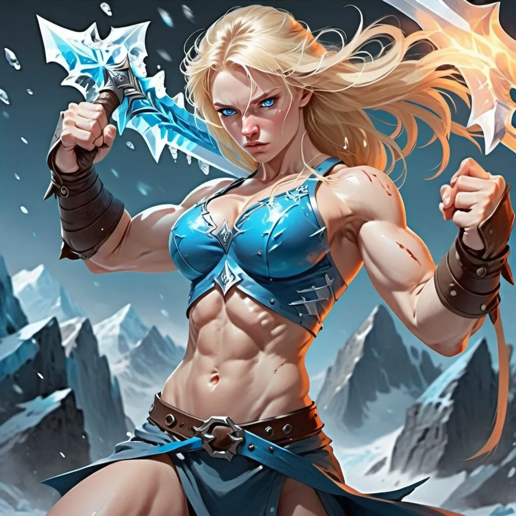 Prompt: Female figure. Greater bicep definition. Sharper, clearer blue eyes. Nosebleed. Long Blonde hair flapping. Frostier, glacier effects. Fierce combat stance. Ice Daggers. 