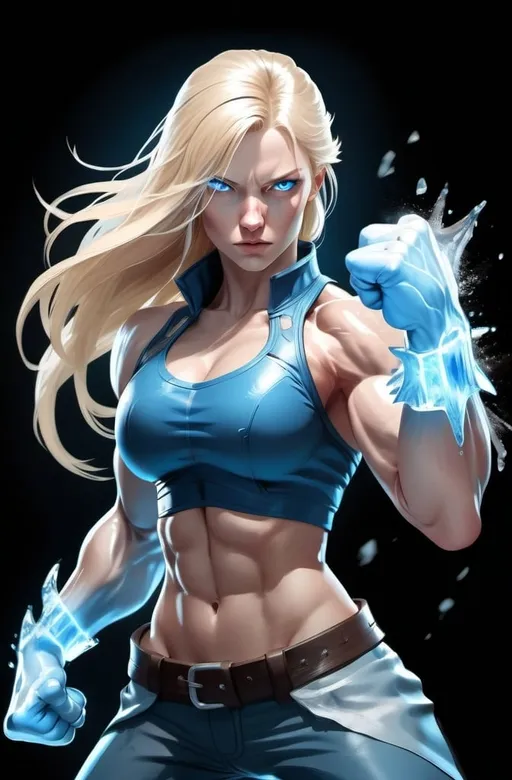 Prompt: Female figure. Greater bicep definition. Sharper, clearer blue eyes. Nosebleed. Long Blonde hair flapping. Frostier, glacier effects. Fierce combat stance. Raging Fists. Icy Knuckles.