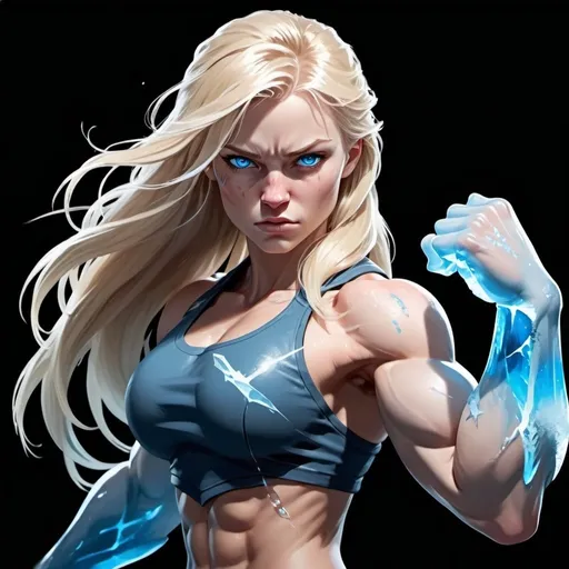 Prompt: Female figure. Greater bicep definition. Sharper, clearer blue eyes. Bleeding. Long Blonde hair flapping. Frostier, glacier effects. Fierce combat stance. Icy Knuckles. 