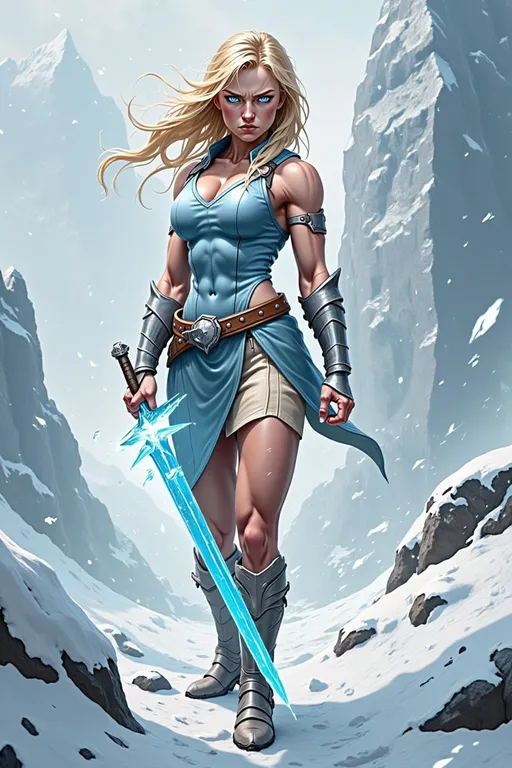 Prompt: @lbK8EQWu1r8WEqH2g1L6 A muscular female warrior wielding a shimmering sword of ice, standing in a frozen landscape. She is mid-action, gripping the icy blade with both hands, her stance powerful and determined. Her armor is sleek and metallic, reflecting cold blue and silver tones, with frost forming along the edges. Her hair flows behind her, caught in a gust of icy wind. The environment features jagged ice formations and a snow-covered ground under a pale, overcast sky. Soft blue light emanates from the sword, illuminating her focused expression. The scene is captured from a slightly low angle, emphasizing her strength and the glowing weapon, with swirling snow and icy particles adding a dynamic, wintry atmosphere.