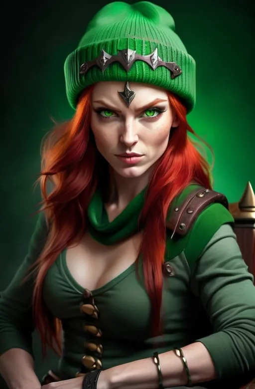 Prompt:  Evil red-haired warrior woman, wearing a green beanie and a mischievous smirk. Green eyes. Fierce combat stance. She is sitting on a Throne. 