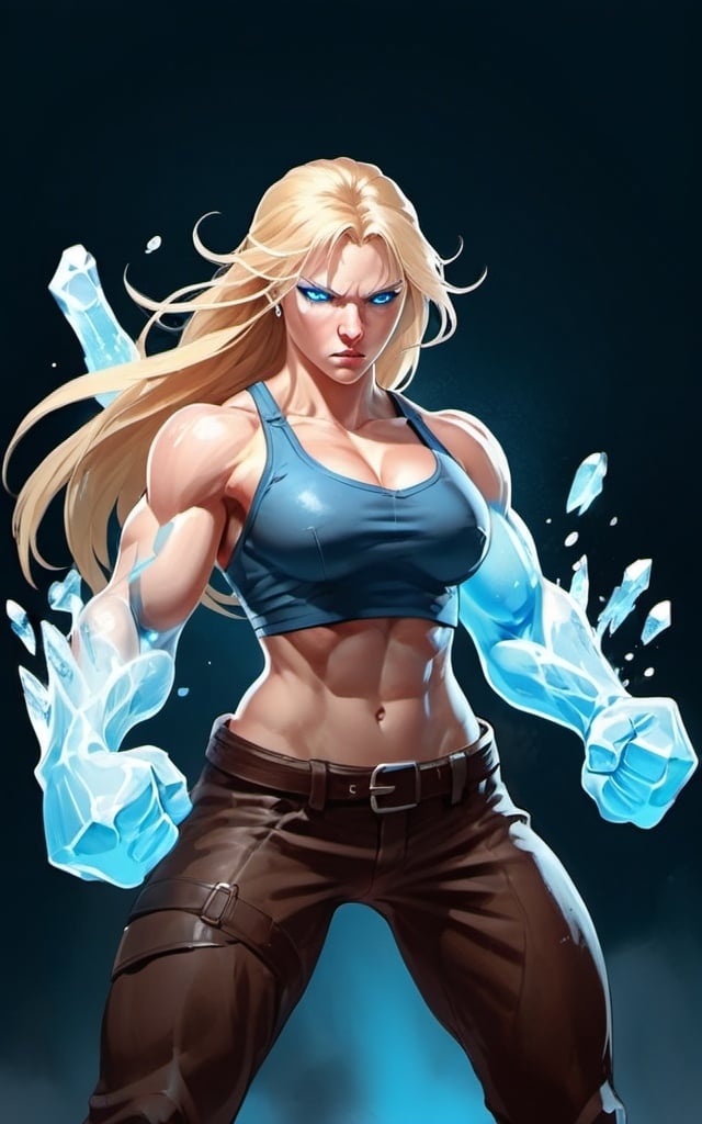 Prompt: Female figure. Greater bicep definition. Sharper, clearer blue eyes. Nosebleed. Long Blonde hair flapping. Frostier, glacier effects. Fierce combat stance. Raging Fists. Icy Knuckles.