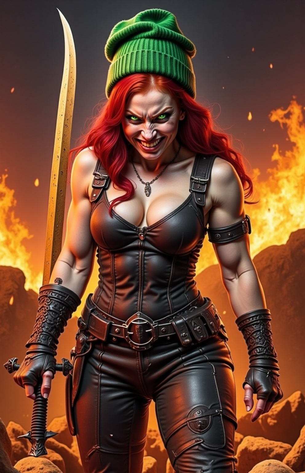 Prompt: @wbV7YKlXTFt2cBPb46HT A fierce female warrior with a determined expression licks her gleaming blade in sadistic glee. She stands in a dimly lit, battle-scarred landscape, the remnants of a fierce conflict scattered around her—broken weapons and tattered banners. The moonlight casts an eerie glow, highlighting the intricate designs etched into her weapon and the fierce glint in her eyes. Her armor is a mix of dark leather and metal, adorned with spikes and battle scars, emphasizing her ruthless nature. The camera captures her in a close-up, focusing on the sharp edge of the blade and the wicked smile on her face, while shadows dance around her, enhancing the ominous atmosphere.