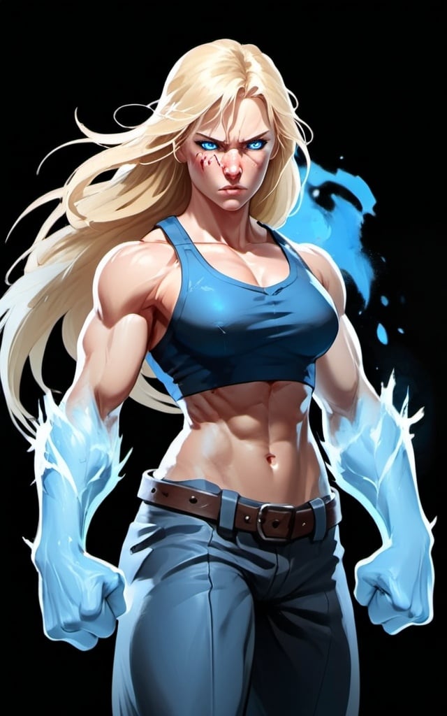 Prompt: Female figure. Greater bicep definition. Sharper, clearer blue eyes. Nosebleed. Long Blonde hair flapping. Frostier, glacier effects. Fierce combat stance. Raging Fists.