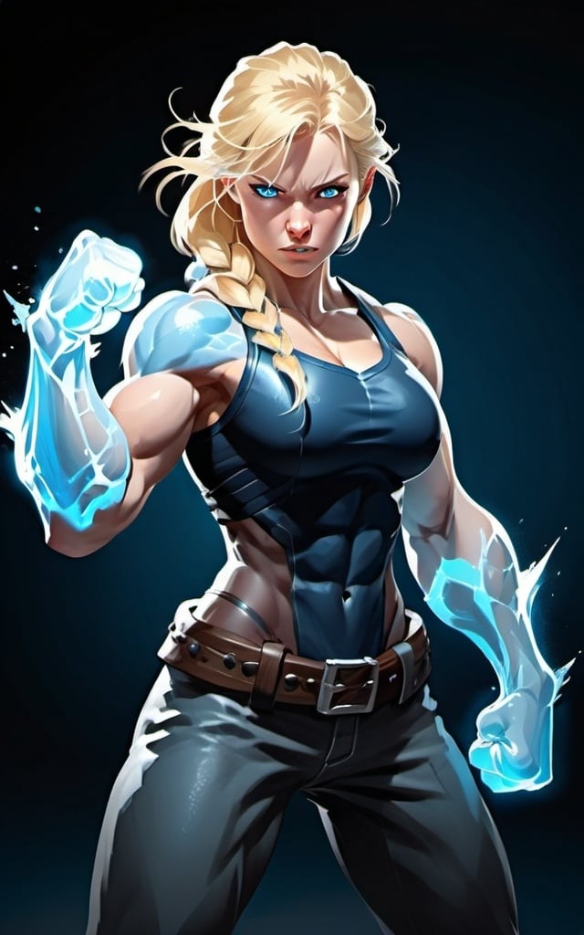 Prompt: Female figure. Greater bicep definition. Sharper, clearer blue eyes. Long Blonde hair flapping. Frostier, glacier effects. Fierce combat stance. Icy Knuckles. Raging Fists.