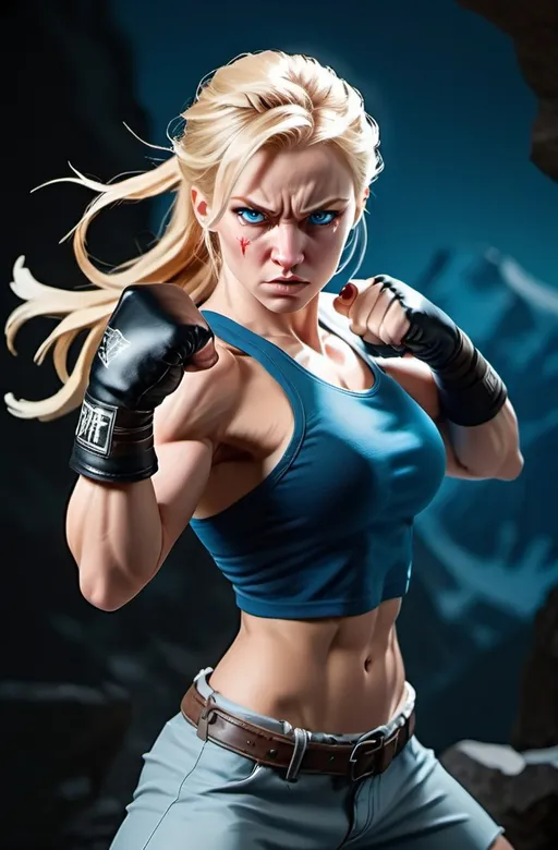 Prompt: Female figure. Greater bicep definition. Sharper, clearer blue eyes. Nose bleed. Blonde hair flapping. Frostier, glacier effects. Fierce combat stance. Raging Fists. 