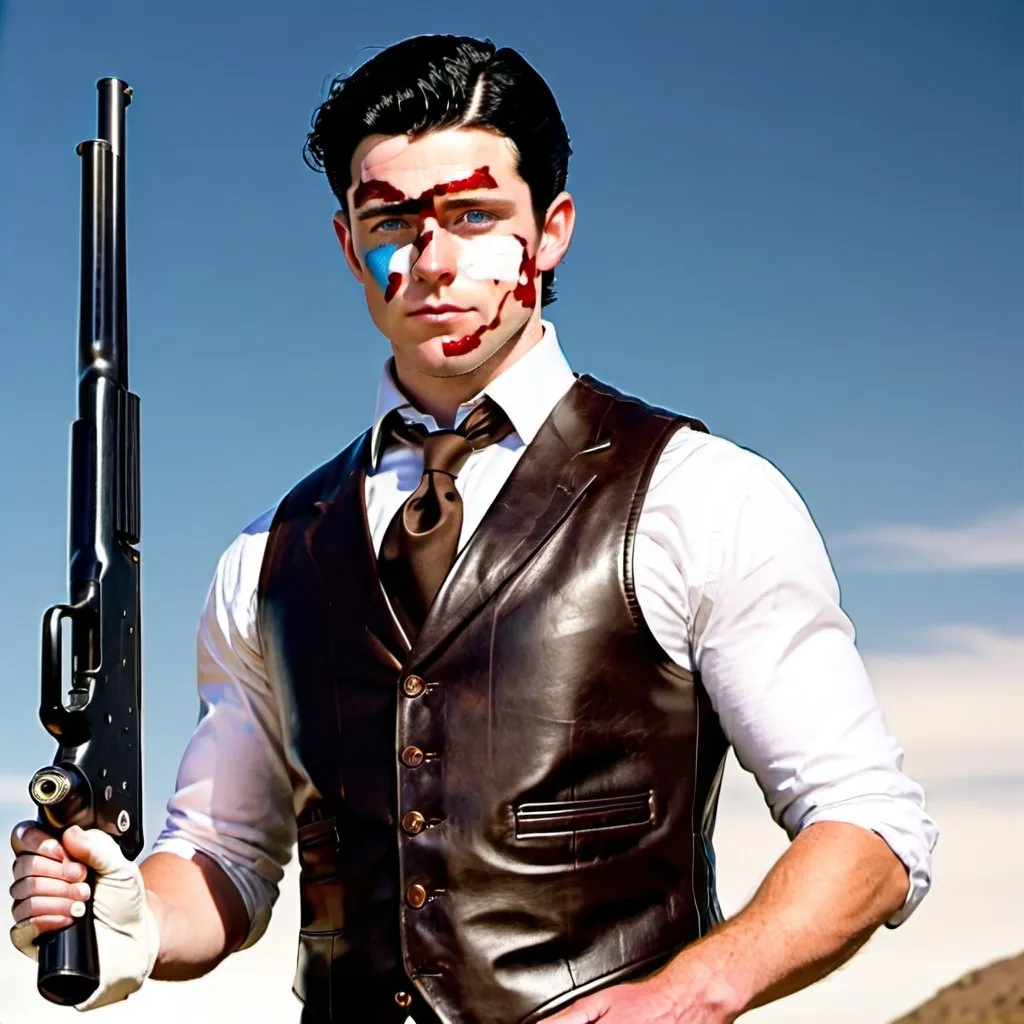 Prompt: White male with an Athletic build, wearing a brown leather suit and vest. Upstanding Gentlemen. Neat and tidy. Blue eyes. Black hair of average length. Caring a shotgun.   