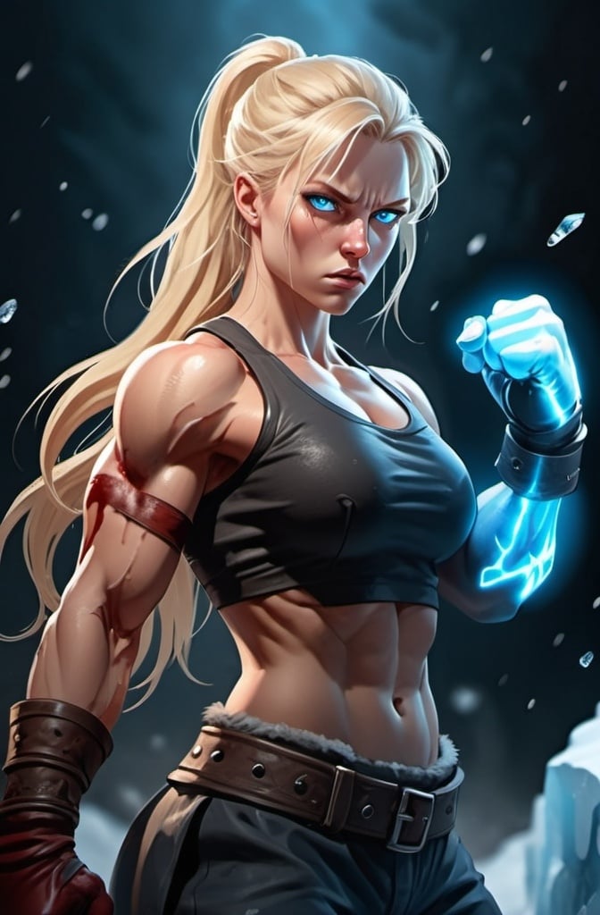 Prompt: Female figure. Greater bicep definition. Sharper, clearer blue eyes. Nosebleed. Long Blonde hair flapping. Frostier, glacier effects. Fierce combat stance. Raging Fists. Icy Knuckles.