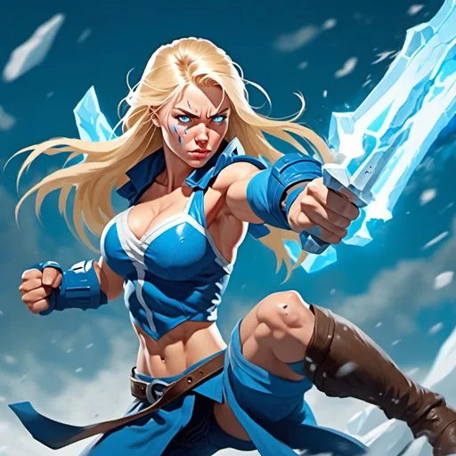 Prompt: Female figure. Greater bicep definition. Sharper, clearer blue eyes. Nosebleed. Long Blonde hair flapping. Frostier, glacier effects. Fierce combat stance. Icy Knuckles. <mymodel>