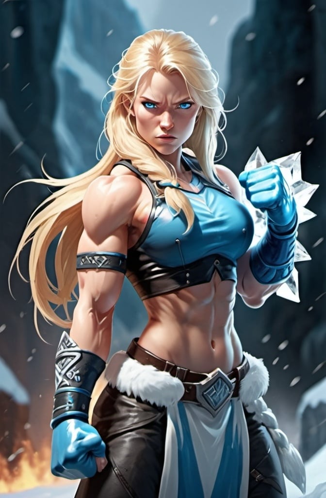 Prompt: Female figure. Greater bicep definition. Sharper, clearer blue eyes. Long Blonde hair flapping. Frostier, glacier effects. Fierce combat stance. Raging Fists. Icy Knuckles.