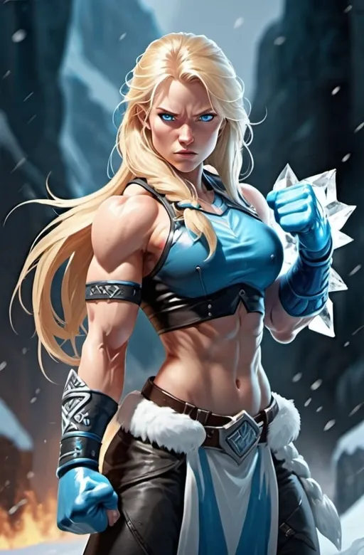 Prompt: Female figure. Greater bicep definition. Sharper, clearer blue eyes. Long Blonde hair flapping. Frostier, glacier effects. Fierce combat stance. Raging Fists. Icy Knuckles.